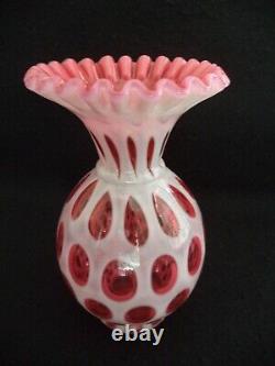 Fenton art glass vase 9in coin dot cranberry opalescent ruffled rim 1940s-50s