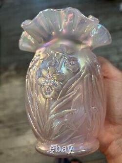 Fenton daffodil vase pink glass overlay ruffled iridescent stunning