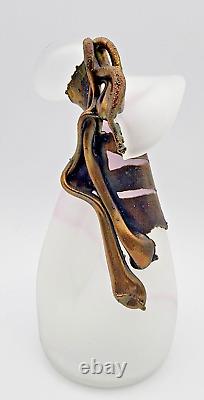 Filip Ravert Vase Satin White with Pink Art Glass with Bronze Copper Overlay READ
