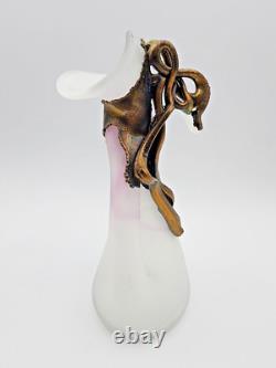 Filip Ravert Vase Satin White with Pink Art Glass with Bronze Copper Overlay READ