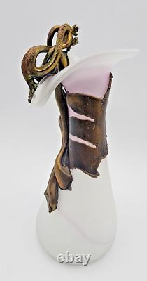 Filip Ravert Vase Satin White with Pink Art Glass with Bronze Copper Overlay READ