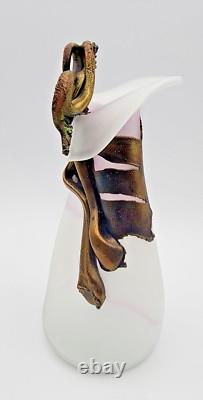 Filip Ravert Vase Satin White with Pink Art Glass with Bronze Copper Overlay READ