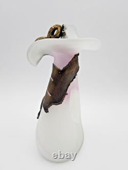 Filip Ravert Vase Satin White with Pink Art Glass with Bronze Copper Overlay READ