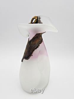 Filip Ravert Vase Satin White with Pink Art Glass with Bronze Copper Overlay READ