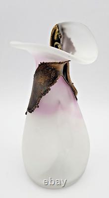 Filip Ravert Vase Satin White with Pink Art Glass with Bronze Copper Overlay READ