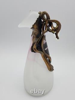 Filip Ravert Vase Satin White with Pink Art Glass with Bronze Copper Overlay READ