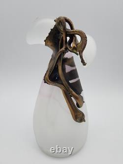 Filip Ravert Vase Satin White with Pink Art Glass with Bronze Copper Overlay READ