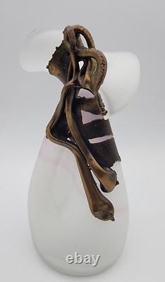 Filip Ravert Vase Satin White with Pink Art Glass with Bronze Copper Overlay READ