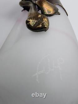Filip Ravert Vase Satin White with Pink Art Glass with Bronze Copper Overlay READ