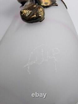 Filip Ravert Vase Satin White with Pink Art Glass with Bronze Copper Overlay READ