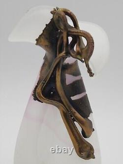 Filip Ravert Vase Satin White with Pink Art Glass with Bronze Copper Overlay READ