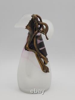 Filip Ravert Vase Satin White with Pink Art Glass with Bronze Copper Overlay READ