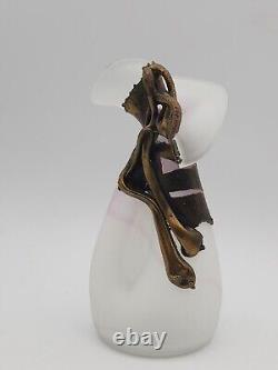 Filip Ravert Vase Satin White with Pink Art Glass with Bronze Copper Overlay READ