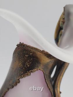 Filip Ravert Vase Satin White with Pink Art Glass with Bronze Copper Overlay READ