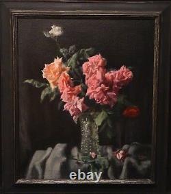 Fine Large 20th Century Flowers Still Life Pink & Red Roses Glass Vase Painting