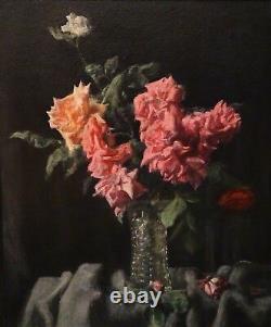 Fine Large 20th Century Flowers Still Life Pink & Red Roses Glass Vase Painting