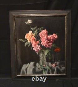 Fine Large 20th Century Flowers Still Life Pink & Red Roses Glass Vase Painting