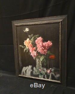 Fine Large 20th Century Flowers Still Life Pink & Red Roses Glass Vase Painting