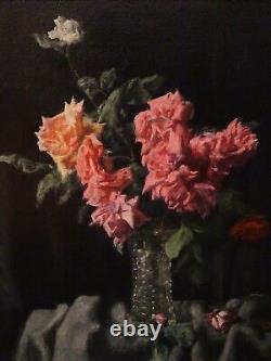 Fine Large 20th Century Flowers Still Life Pink & Red Roses Glass Vase Painting