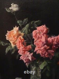 Fine Large 20th Century Flowers Still Life Pink & Red Roses Glass Vase Painting