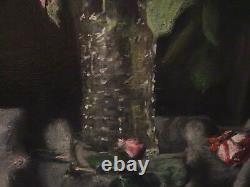 Fine Large 20th Century Flowers Still Life Pink & Red Roses Glass Vase Painting