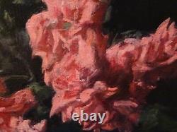 Fine Large 20th Century Flowers Still Life Pink & Red Roses Glass Vase Painting