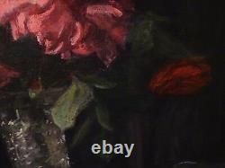 Fine Large 20th Century Flowers Still Life Pink & Red Roses Glass Vase Painting
