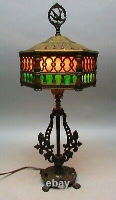 Fine UNIQUE ART DECO Slag Glass Lamp with Pink & Green Panels c. 1920s antiques