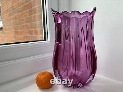 Flavio Poli Seguso Vetri Darte 12024 Pink Lilac Ribbed Crizzled Glass Vase 1958