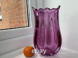 Flavio Poli Seguso Vetri Darte 12024 Pink Lilac Ribbed Crizzled Glass Vase 1958