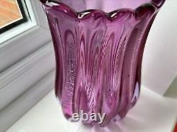 Flavio Poli Seguso Vetri Darte 12024 Pink Lilac Ribbed Crizzled Glass Vase 1958