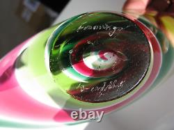 Flygsfors Art Glass Bowl Flamingo Range Pink Green by Paul Kedelv Signed 1961
