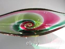 Flygsfors Art Glass Bowl Flamingo Range Pink Green by Paul Kedelv Signed 1961