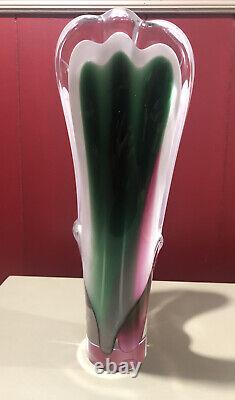 Flygsfors Coquille Green, Pink & White Signed Art Glass Vase 12.5 Tall
