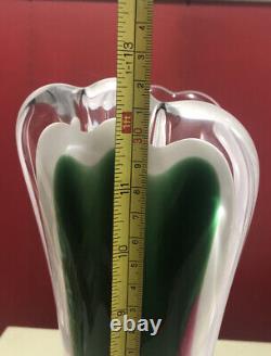 Flygsfors Coquille Green, Pink & White Signed Art Glass Vase 12.5 Tall
