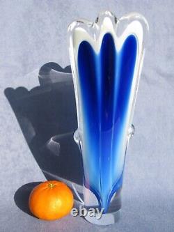 Flygsfors Vintage Art Glass Blue White Vase by Paul Kedelv Pink Signed 1962