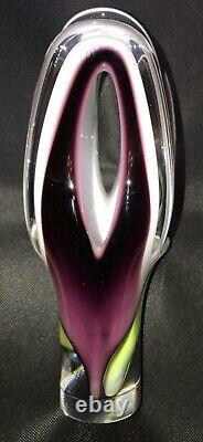 Flygsfors Vintage Art Glass Red and Green Vase by Paul Kedelv Signed 1963