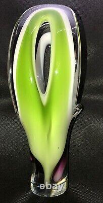 Flygsfors Vintage Art Glass Red and Green Vase by Paul Kedelv Signed 1963