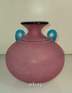 Franco Moretti Signed Italian Murano Art Glass Vase Scavo Pink/Purple/Aqua