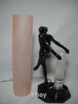 Frankart Sarsparilla Art Deco Nude Lamp with Pink Crackled Glass Shade 11