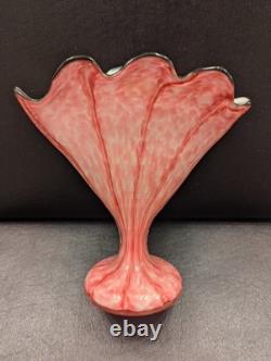 Franz Welz Czech Bohemian Pink Art Glass Scalloped Fan Vase Vertical Stripes