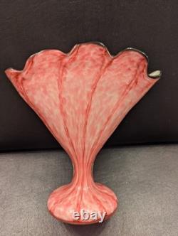 Franz Welz Czech Bohemian Pink Art Glass Scalloped Fan Vase Vertical Stripes