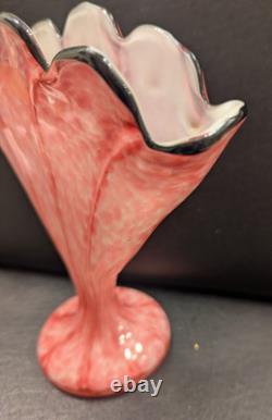 Franz Welz Czech Bohemian Pink Art Glass Scalloped Fan Vase Vertical Stripes