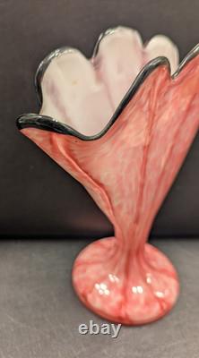 Franz Welz Czech Bohemian Pink Art Glass Scalloped Fan Vase Vertical Stripes