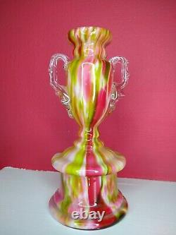 Franz Welz Pink Green Bohemian Art Glass Vase Hand Blown Spatter Aventurine