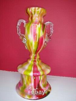 Franz Welz Pink Green Bohemian Art Glass Vase Hand Blown Spatter Aventurine