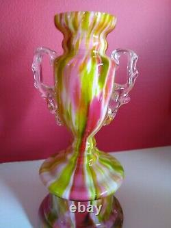 Franz Welz Pink Green Bohemian Art Glass Vase Hand Blown Spatter Aventurine