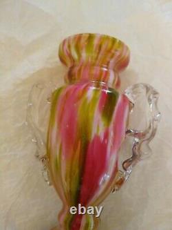 Franz Welz Pink Green Bohemian Art Glass Vase Hand Blown Spatter Aventurine