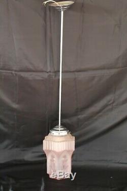 French Art Deco Pink Glass Skyscraper Chrome Fittings Pendant Light Working VGC