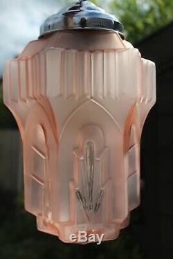 French Art Deco Pink Glass Skyscraper Chrome Fittings Pendant Light Working VGC